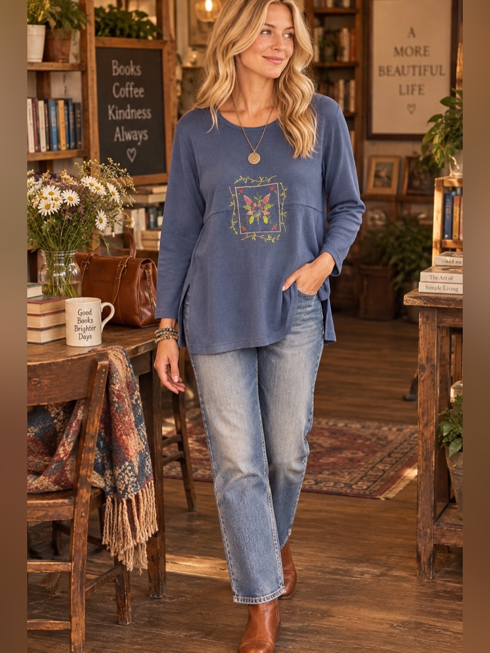 Premier International Blue Embroidered Floral Tunic Top Small Cottagecore